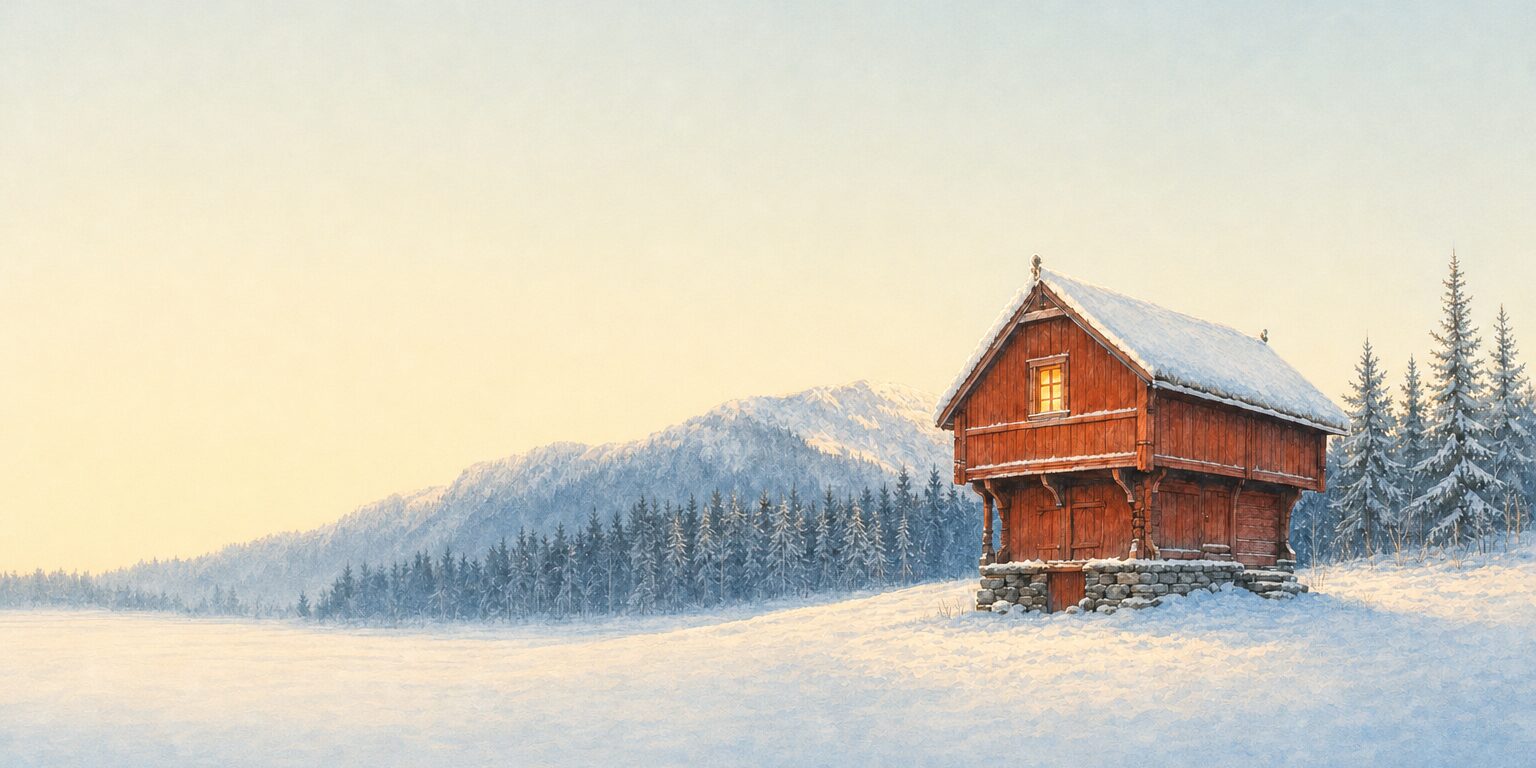 A red timber loft in the snow with one lit window